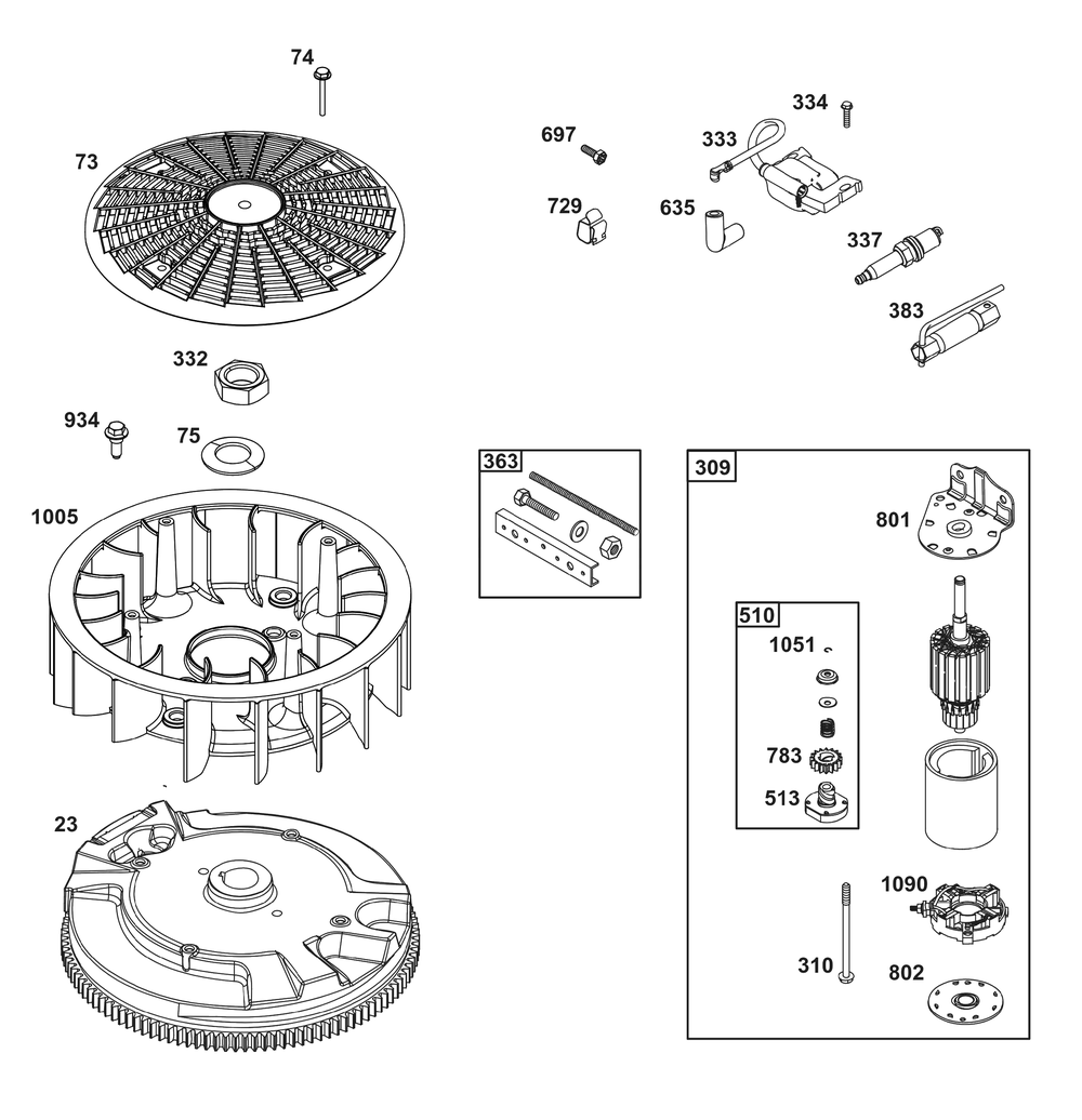 Flywheel, Ignition, And Starter Group Diagram and Parts List for 44U777-0011-G1 400000 - 699999 Briggs and Stratton Engine